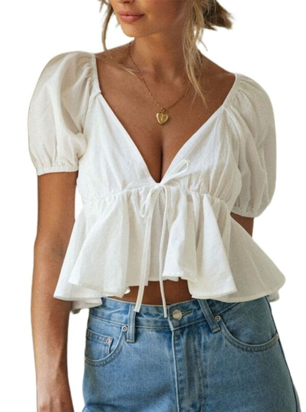 Short Sleeve Peplum Crop Top - Image 2