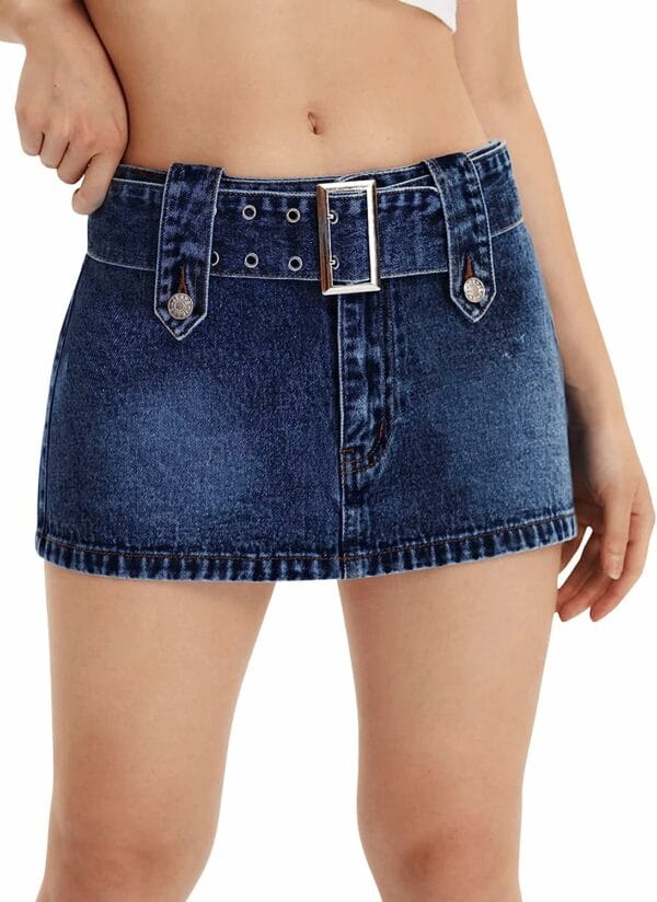 Buckle Belted Mini Denim Skirts - Image 4