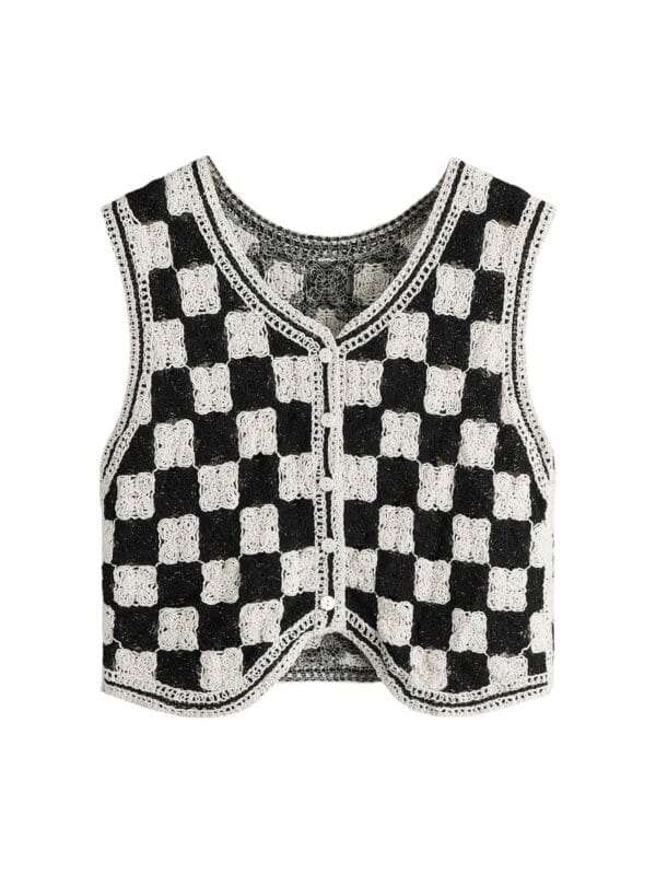 Sleeveless Checkered Knit Sweater Vest - Image 3