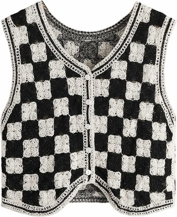 Sleeveless Checkered Knit Sweater Vest - Image 6