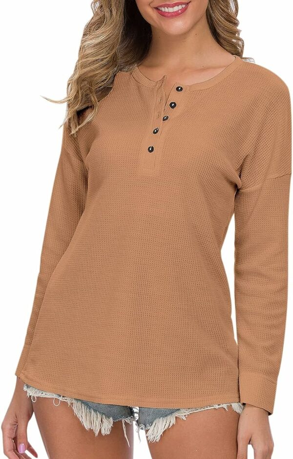 Waffle Knit Tunic Tops Button Up - Image 4